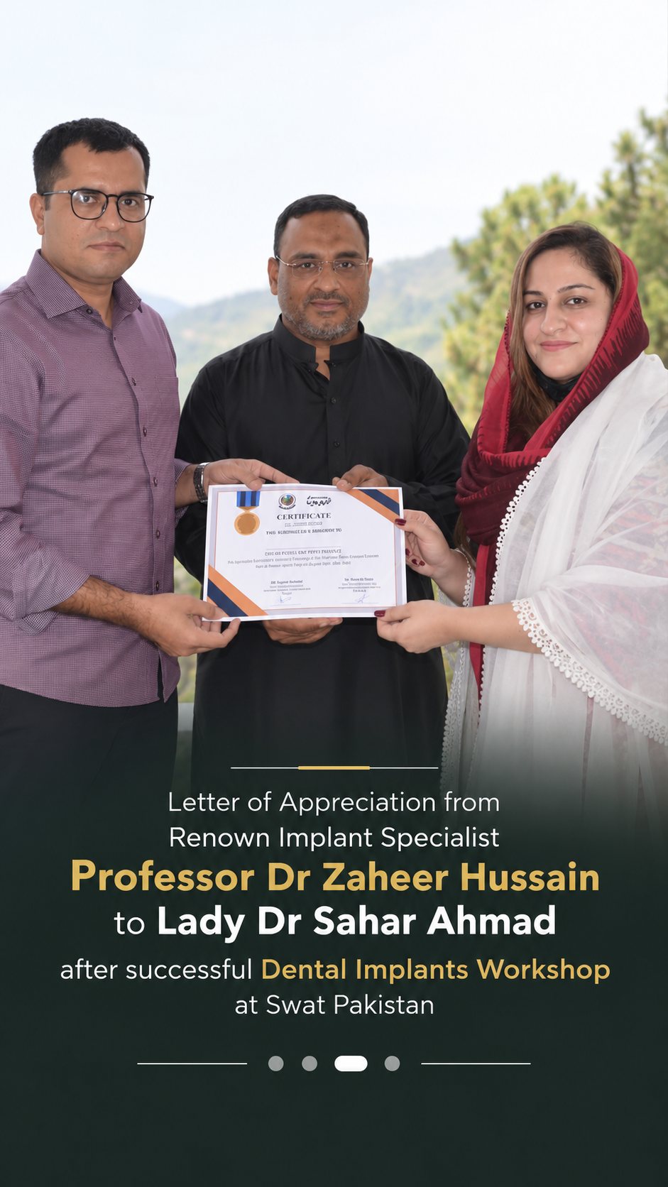 Letter of appreciation from implant specialist Professor Dr. Zaheer Hussain to Lady Dr. Sahar Ahmad